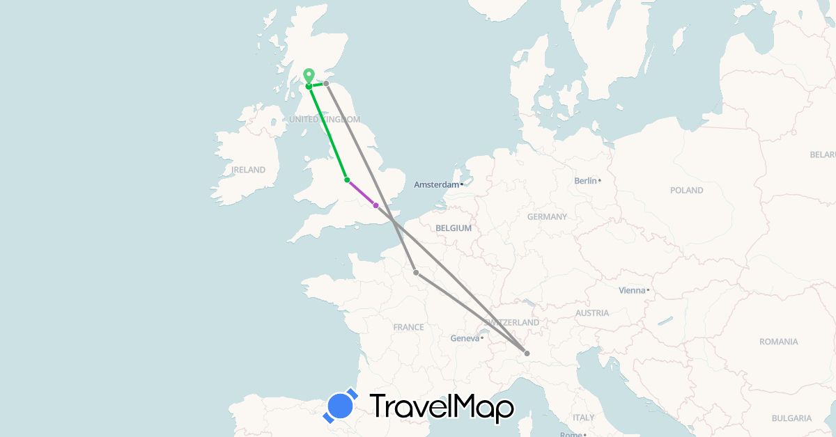 TravelMap itinerary: driving, bus, plane, train in France, United Kingdom, Italy (Europe)